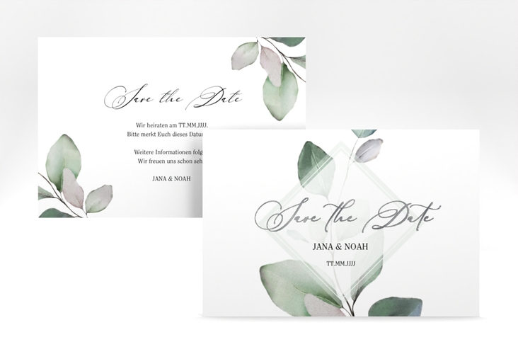 Save the Date-Karte Foglia A6 Karte quer silber edel mit Eukalyptus im Aquarell-Design