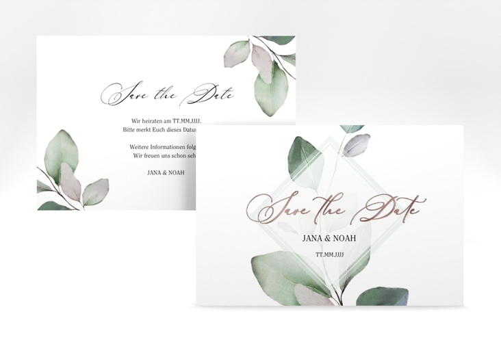 Save the Date-Karte Foglia A6 Karte quer rosegold edel mit Eukalyptus im Aquarell-Design