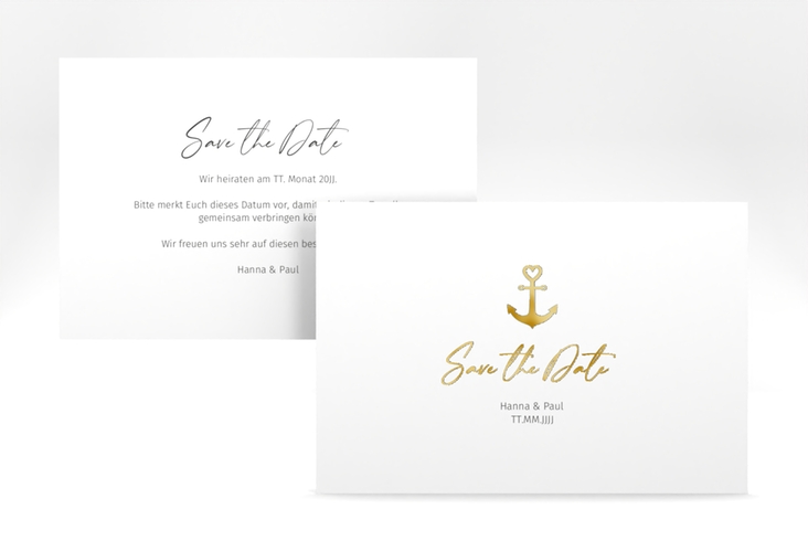 Save the Date-Karte Ankerliebe A6 Karte quer gold im minimalistischen maritimen Design mit Anker