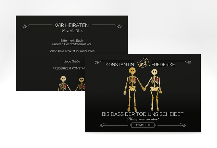 Save the Date-Karte Bones A6 Karte quer gold lustig mit Skelett-Brautpaar