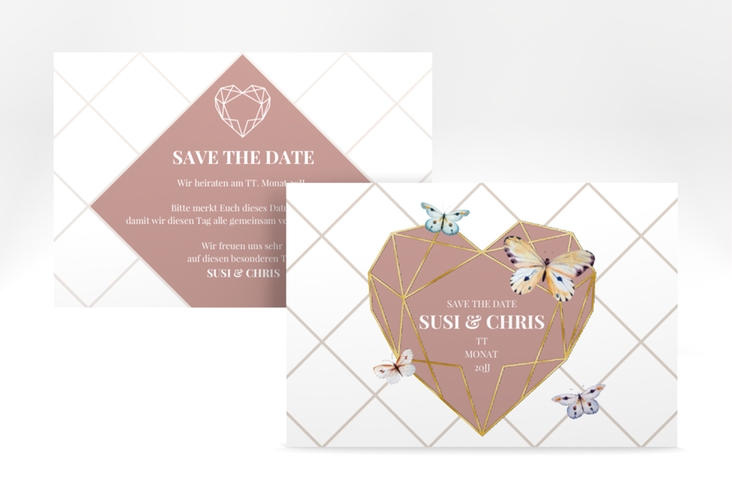 Save the Date-Karte Butterfly A6 Karte quer gold mit Schmetterlingen und Herz im Geometric Design