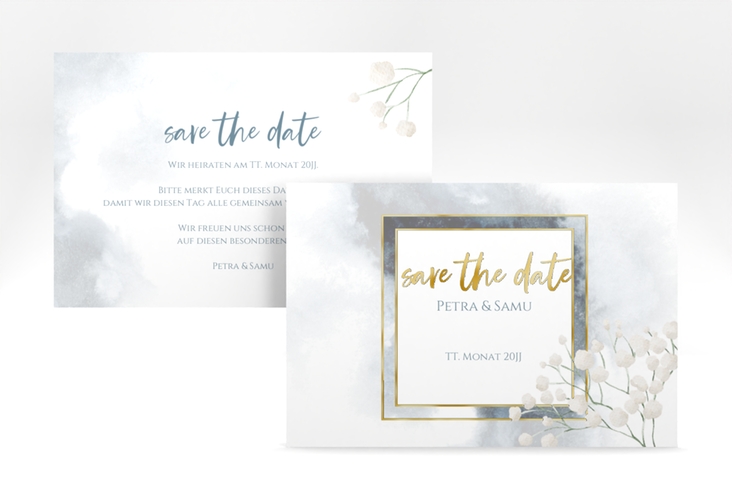 Save the Date-Karte Winter A6 Karte quer gold mit Schleierkraut