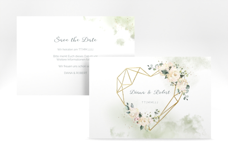 Save the Date-Karte Adore A6 Karte quer gold mit geometrischem Herz und Rosen in Aquarell