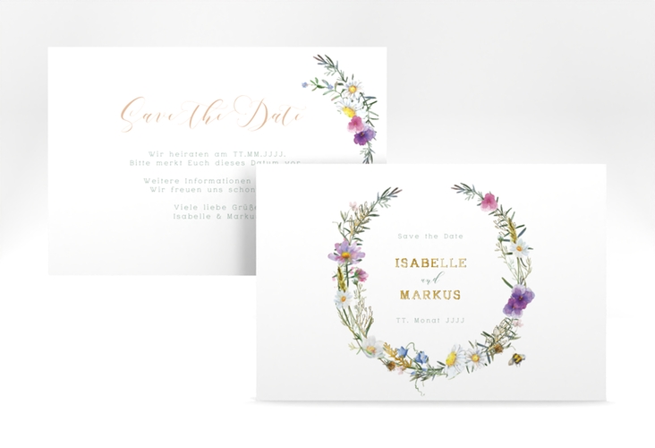 Save the Date-Karte Blumengarten A6 Karte quer gold mit Blumenkranz und Hummel