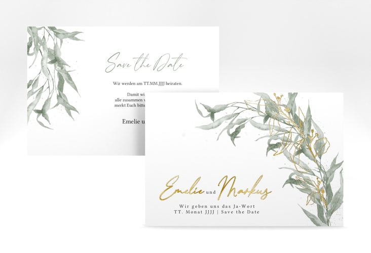 Save the Date-Karte Eucalyptus Green A6 Karte quer gold