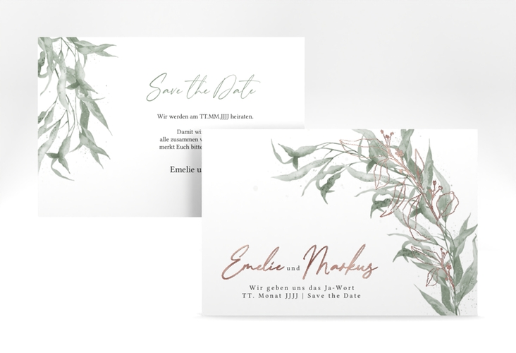 Save the Date-Karte Eucalyptus Green A6 Karte quer rosegold