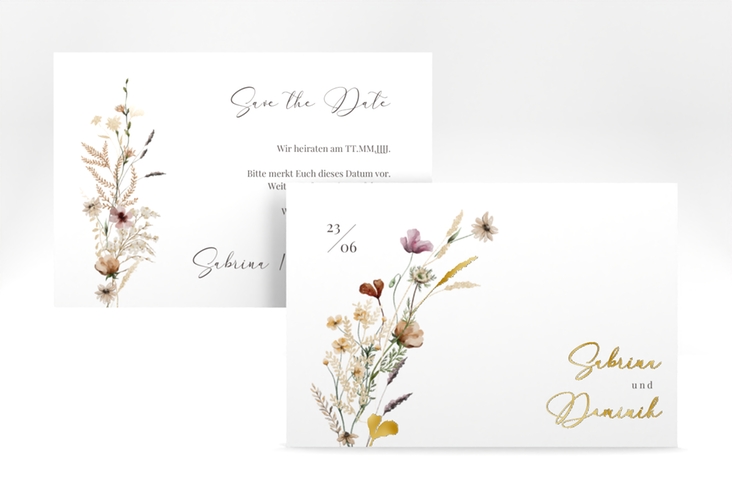 Save the Date-Karte Sauvages A6 Karte quer gold mit getrockneten Wiesenblumen