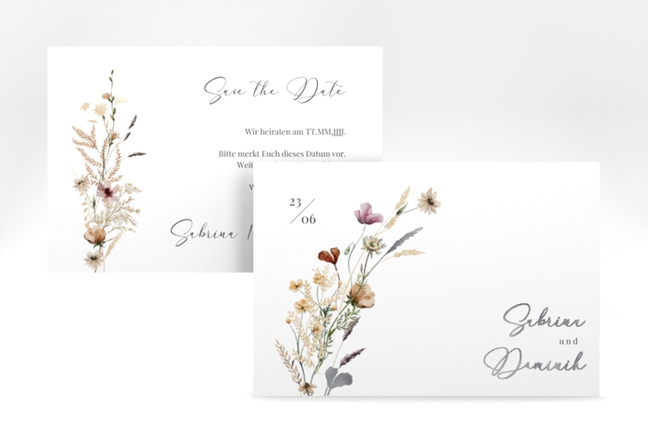 Save the Date-Karte Sauvages A6 Karte quer silber mit getrockneten Wiesenblumen