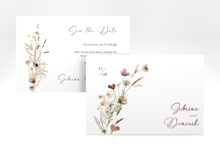 Save the Date-Karte Sauvages A6 Karte quer rosegold mit getrockneten Wiesenblumen