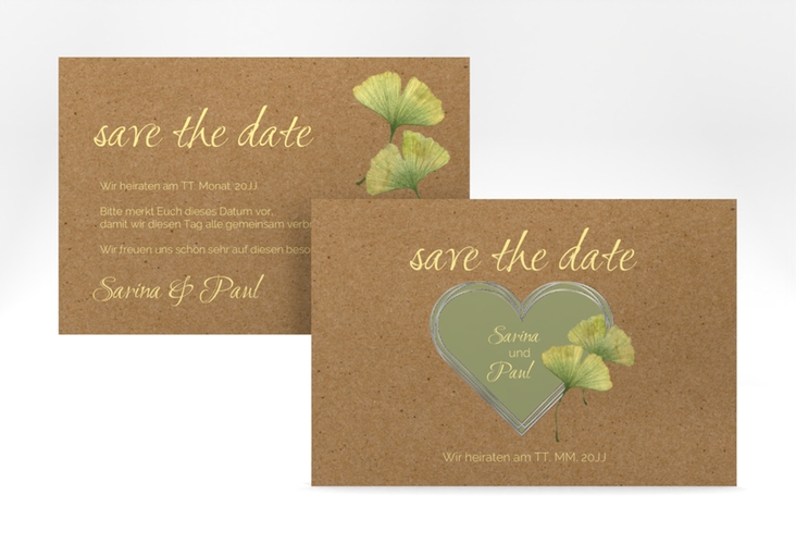 Save the Date-Karte Ginko A6 Karte quer silber mit Herz und zwei Ginkgo-Blättern