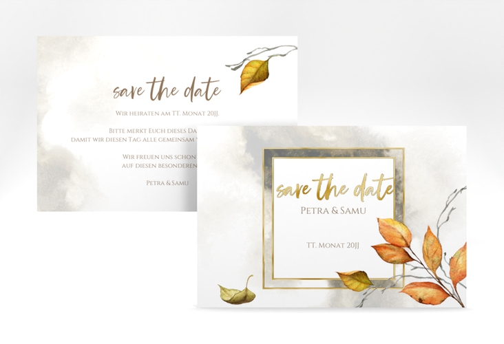 Save the Date-Karte Herbst A6 Karte quer gold mit orangefarbigem Herbstlaub in Aquarell