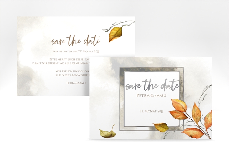 Save the Date-Karte Herbst A6 Karte quer silber mit orangefarbigem Herbstlaub in Aquarell