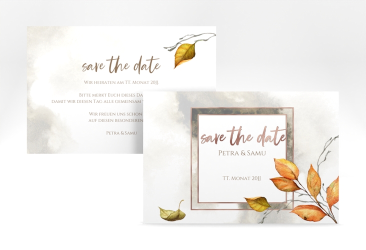 Save the Date-Karte Herbst A6 Karte quer rosegold mit orangefarbigem Herbstlaub in Aquarell