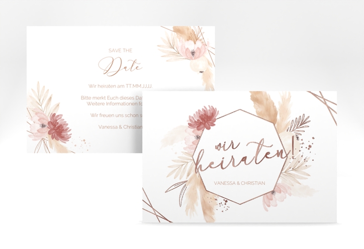 Save the Date-Karte Bohostyle A6 Karte quer rosegold mit Pampasgras in Aquarell