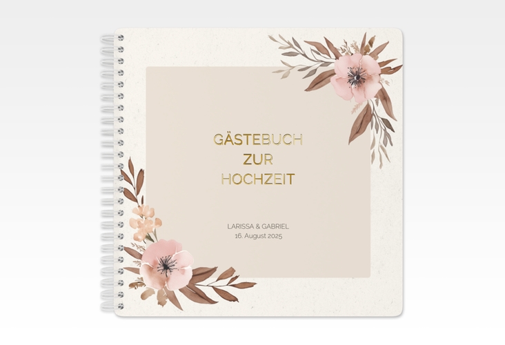 Gästebuch Hochzeit Modest Ringbindung gold mit elegantem Blumen-Aquarell