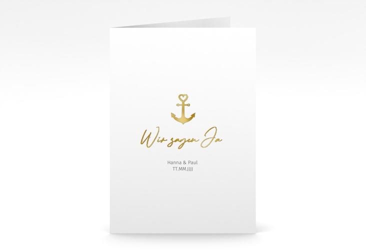 Einladungskarte Hochzeit Ankerliebe A6 Klappkarte hoch gold im minimalistischen maritimen Design mit Anker