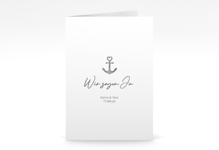 Einladungskarte Hochzeit Ankerliebe A6 Klappkarte hoch silber im minimalistischen maritimen Design mit Anker