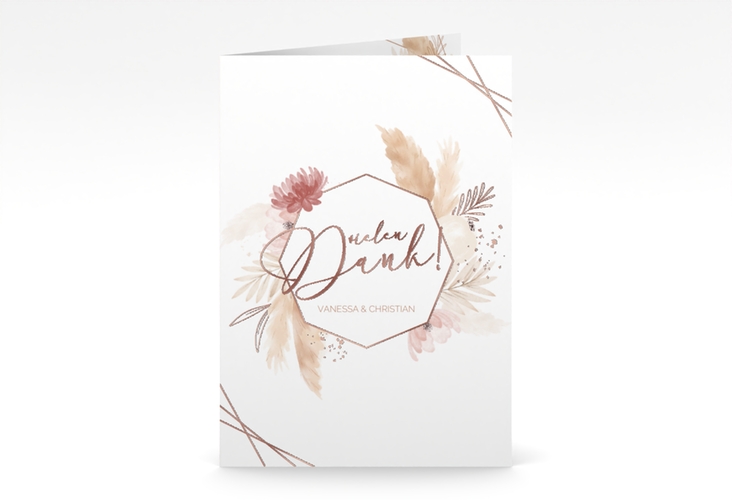 Dankeskarte Hochzeit Bohostyle A6 Klappkarte hoch rosegold mit Pampasgras in Aquarell