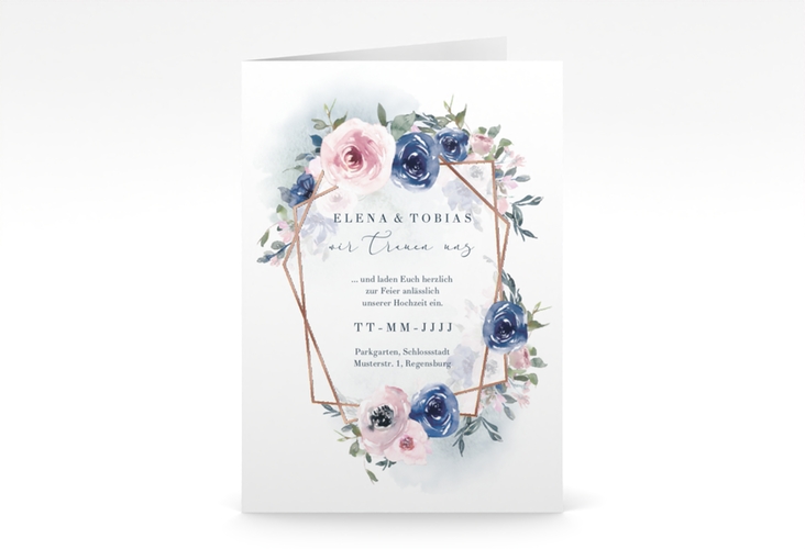 Einladungskarte Hochzeit Dustyblue A6 Klappkarte hoch rosegold