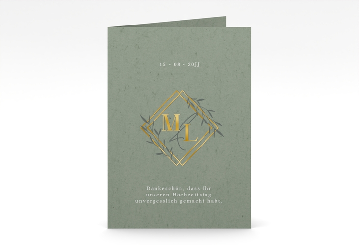 Danksagungskarte Hochzeit Greenletter A6 Klappkarte hoch gold mit Initialen in elegantem Goldrahmen mit Blättern