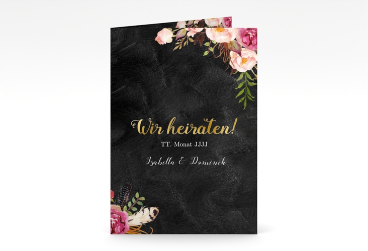 Einladungskarte Hochzeit Flowers A6 Klappkarte hoch gold mit bunten Aquarell-Blumen