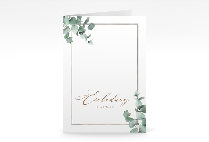 Einladungskarte Hochzeit Eucalypt A6 Klappkarte hoch silber mit Eukalyptus und edlem Rahmen