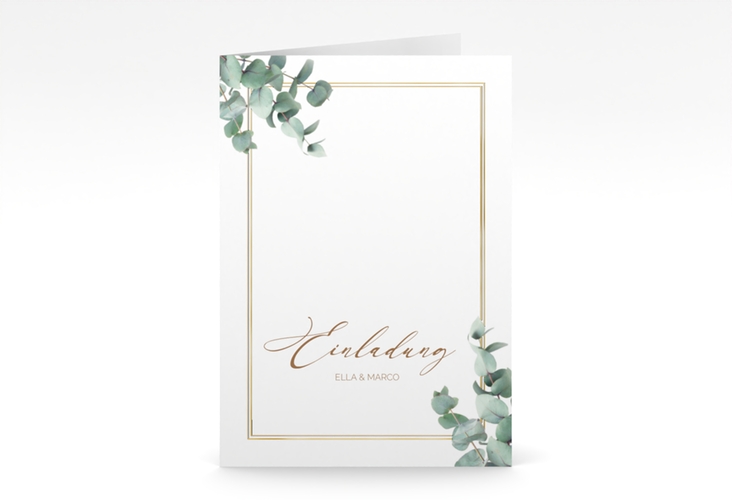 Einladungskarte Hochzeit Eucalypt A6 Klappkarte hoch gold mit Eukalyptus und edlem Rahmen