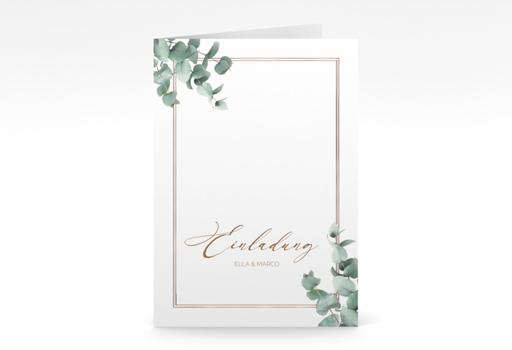 Einladungskarte Hochzeit Eucalypt A6 Klappkarte hoch rosegold mit Eukalyptus und edlem Rahmen