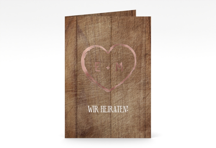 Einladungskarte Hochzeit Wood A6 Klappkarte hoch rosegold