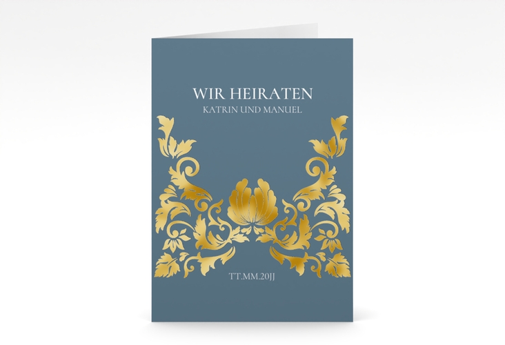 Einladungskarte Hochzeit Royal A6 Klappkarte hoch gold mit barockem Blumen-Ornament