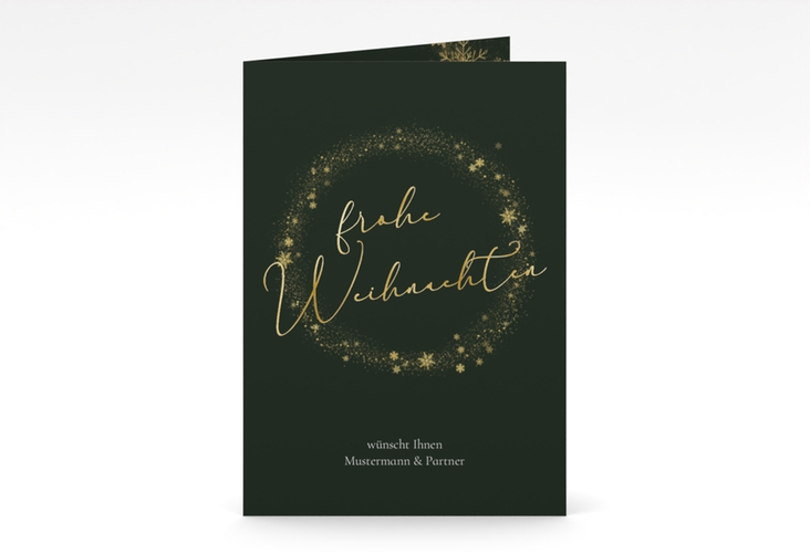 Business-Weihnachtskarte Glitzerkranz A6 Klappkarte hoch gold mit Kranz aus Eiskristallen und eleganter Aufschrift frohe Weihnachten