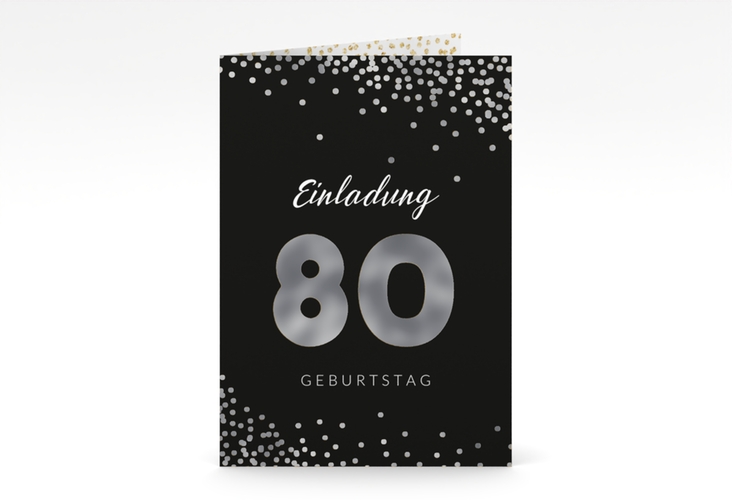 Einladung 80. Geburtstag Glitzer A6 Klappkarte hoch silber