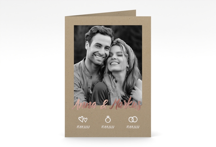 Einladungskarte Hochzeit Icons A6 Klappkarte hoch rosegold im Kraftpapier-Look mit Foto