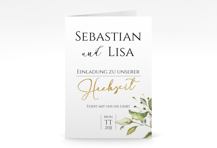 Einladungskarte Hochzeit Leaves A6 Klappkarte hoch gold