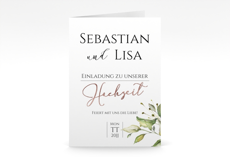 Einladungskarte Hochzeit Leaves A6 Klappkarte hoch rosegold