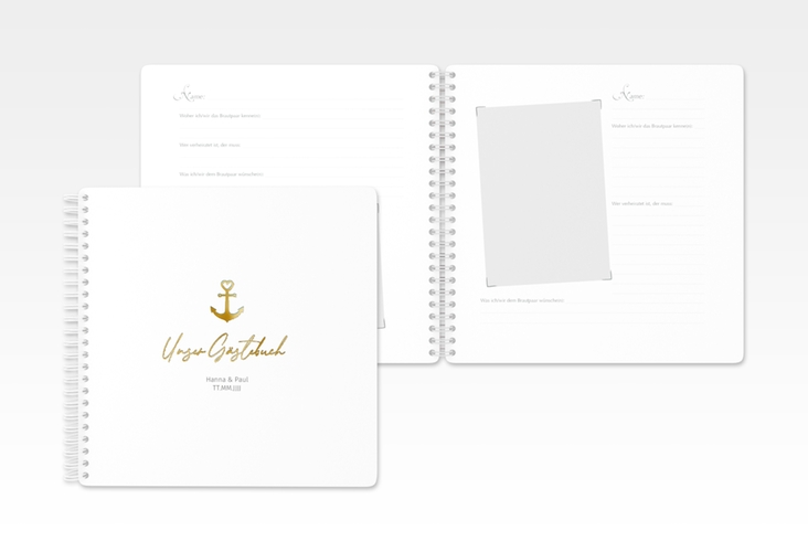 Gästebuch Hochzeit Ankerliebe Ringbindung gold im minimalistischen maritimen Design mit Anker