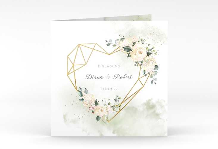 Hochzeitseinladung Adore quadr. Klappkarte gold mit geometrischem Herz und Rosen in Aquarell