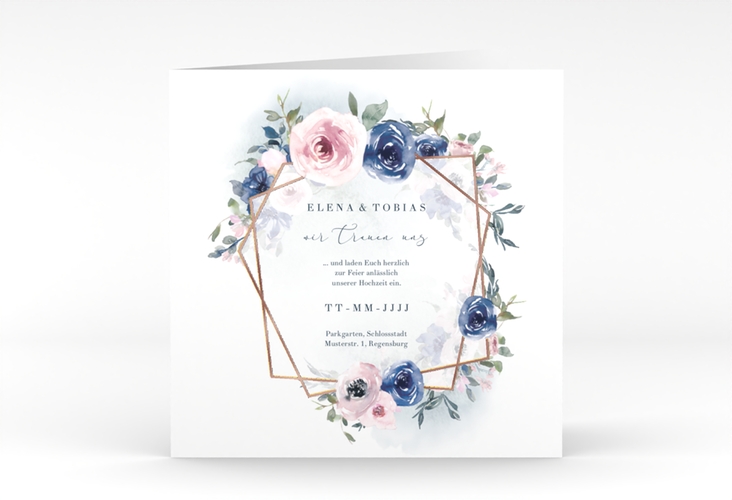 Hochzeitseinladung Dustyblue quadr. Klappkarte rosegold