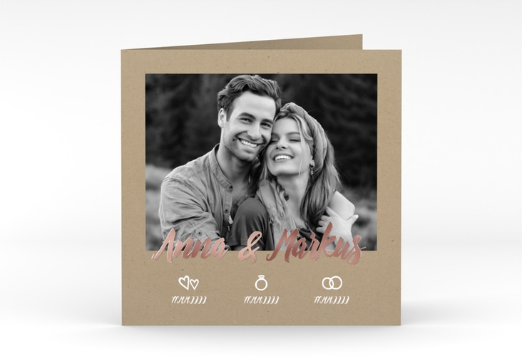 Hochzeitseinladung Icons quadr. Klappkarte rosegold mit großem Foto des Brautpaars