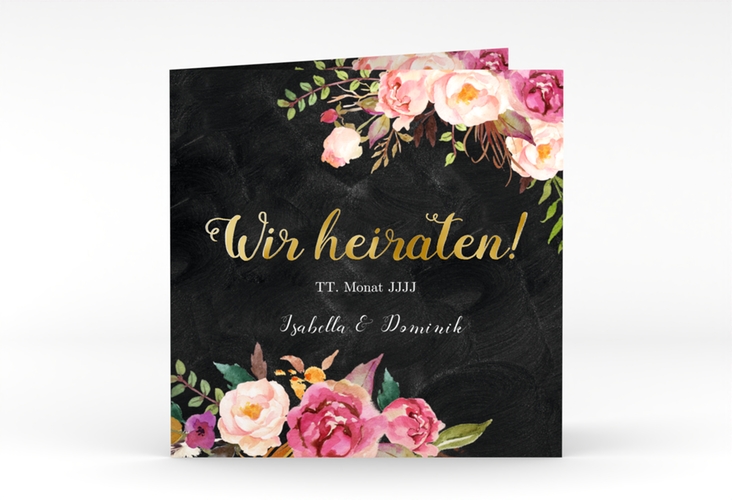 Hochzeitseinladung Flowers quadr. Klappkarte gold mit bunten Aquarell-Blumen