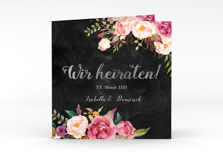 Hochzeitseinladung Flowers quadr. Klappkarte silber mit bunten Aquarell-Blumen