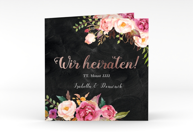 Hochzeitseinladung Flowers quadr. Klappkarte rosegold mit bunten Aquarell-Blumen