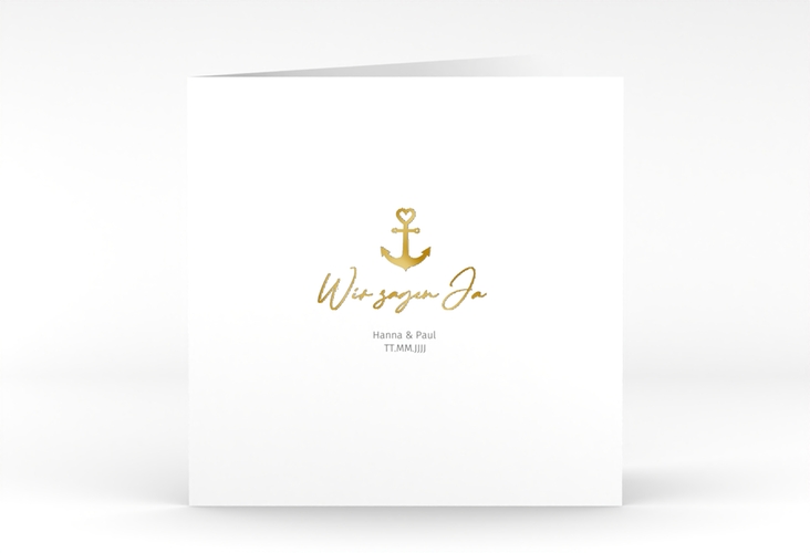 Hochzeitseinladung Ankerliebe quadr. Klappkarte gold im minimalistischen maritimen Design mit Anker