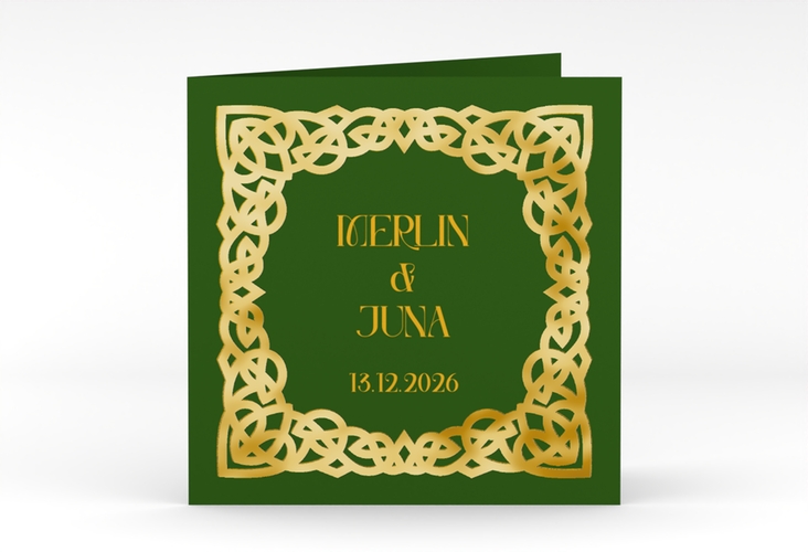 Hochzeitseinladung Celtic quadr. Klappkarte gold mit keltischem Knoten in irischen Farben