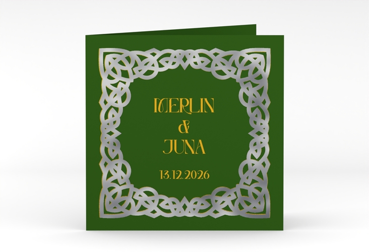 Hochzeitseinladung Celtic quadr. Klappkarte silber mit keltischem Knoten in irischen Farben