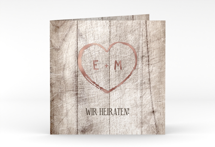 Hochzeitseinladung Wood quadr. Klappkarte rosegold in Holz-Optik mit Herz und Initialen