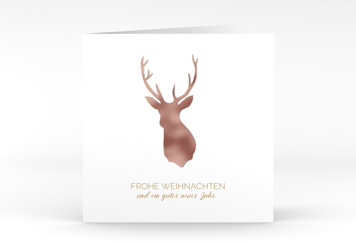 Business-Weihnachtskarte Deer quadr. Klappkarte rosegold und weiß mit Hirsch-Motiv