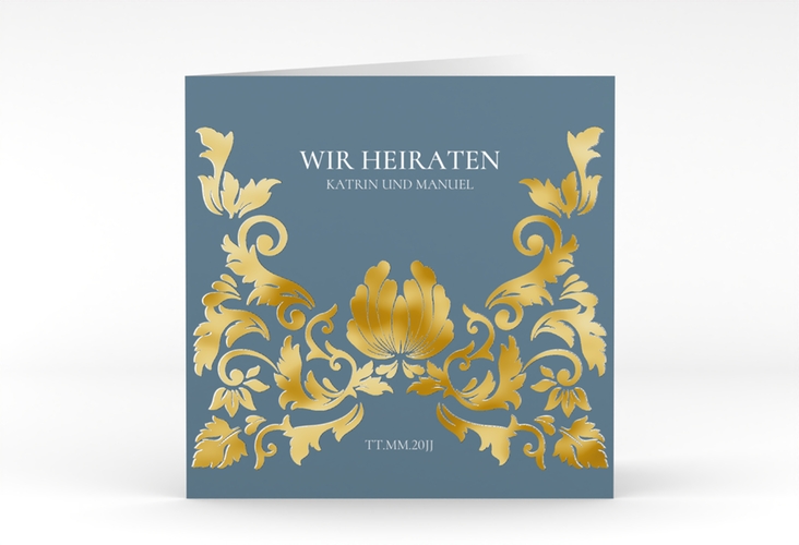 Hochzeitseinladung Royal quadr. Klappkarte gold mit barockem Blumen-Ornament