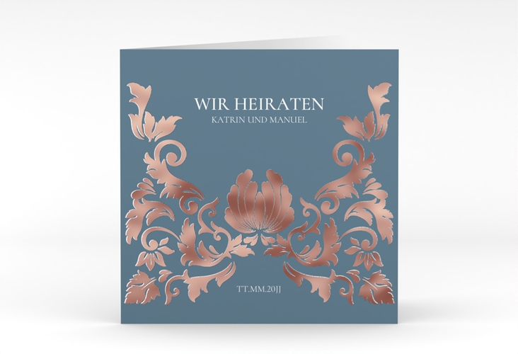 Hochzeitseinladung Royal quadr. Klappkarte rosegold mit barockem Blumen-Ornament