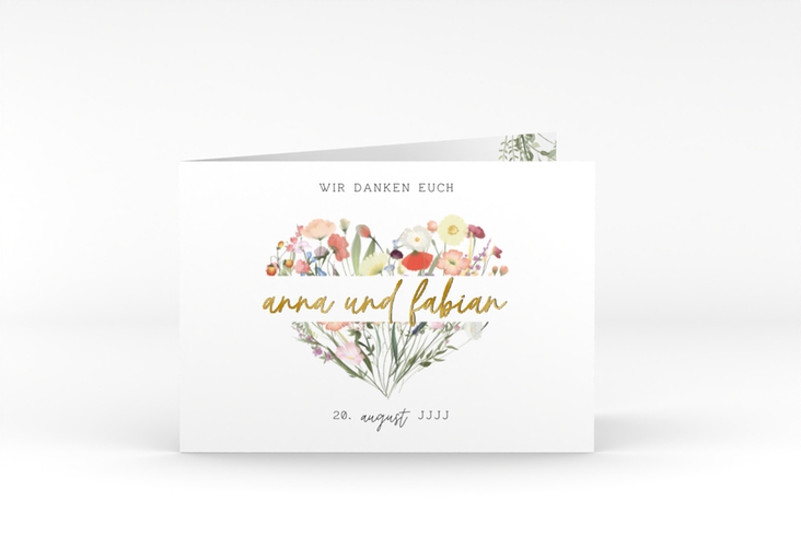 Dankeskarte Hochzeit Wildblumenherz A6 Klappkarte quer gold